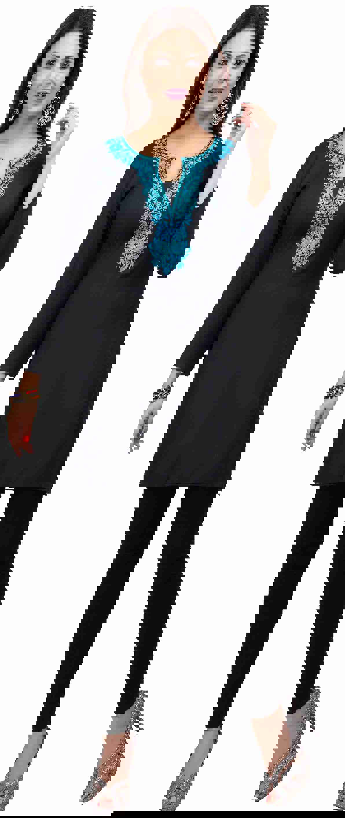 Maple Clothing Kurti Womens Blouse Embroidered Indian Clothing (Black/Blue)