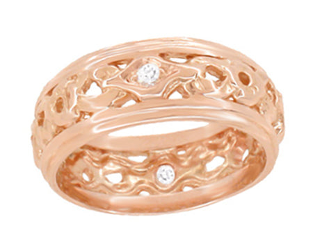 Garlend Art Deco Filigree Wide Diamond Wedding Band in 14K Rose Gold