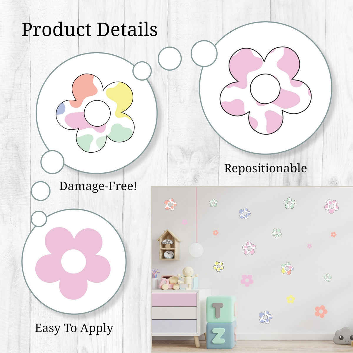 Pastel Flowers Wall Decals - Peel and Stick Floral Decor
