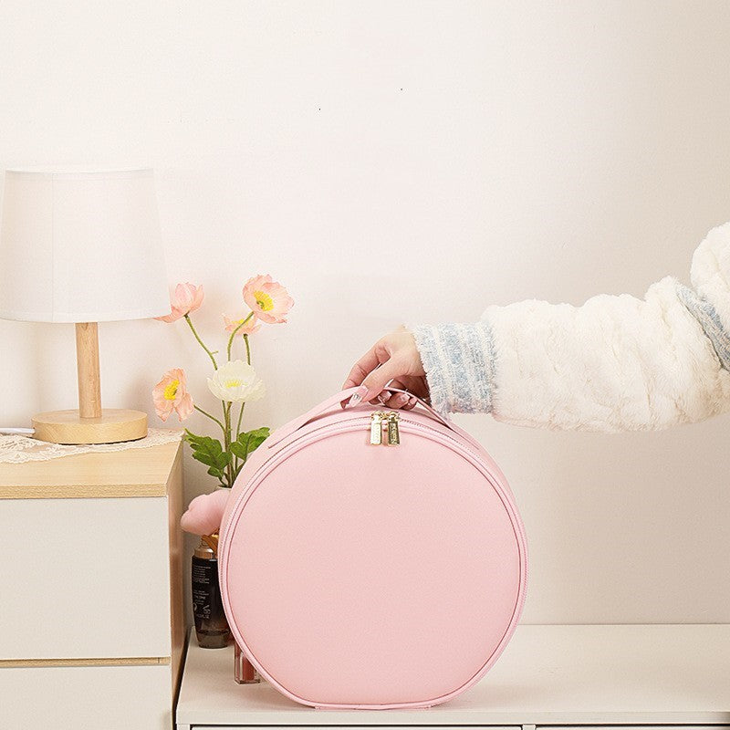 Round Smart LED Makeup Bag With Mirror - 360° Illumination, Large Capacity, PU Leather Travel Organizer