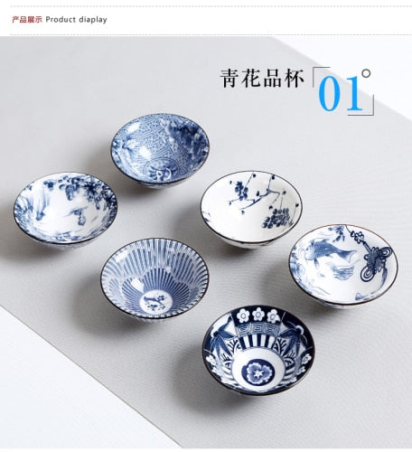 6-Piece Vintage Wine Tea Cups Set - 80ml Blue and White Retro Teaware