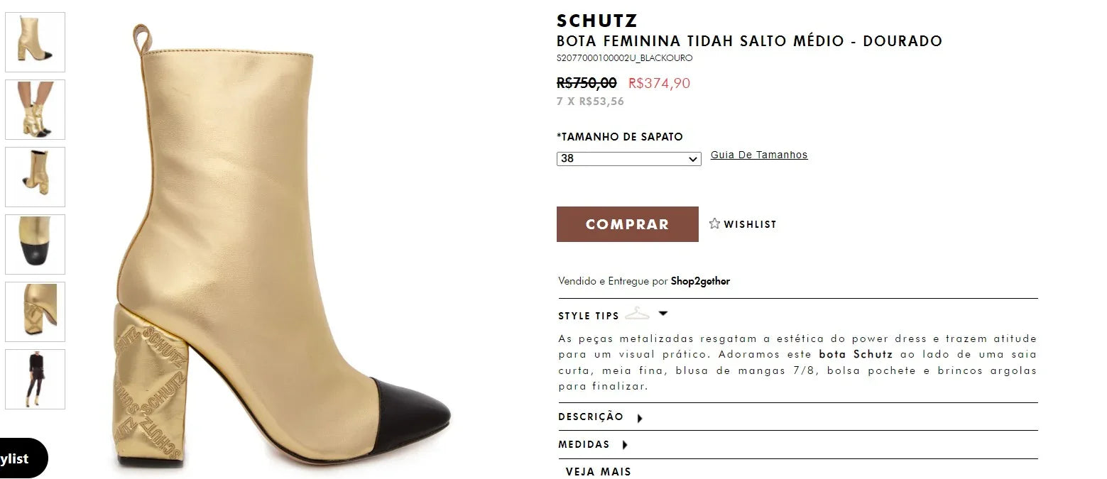 Personal Shopper Service - BOTA FEMININA TIDAH SALTO MÉDIO - DOURADO - DDP