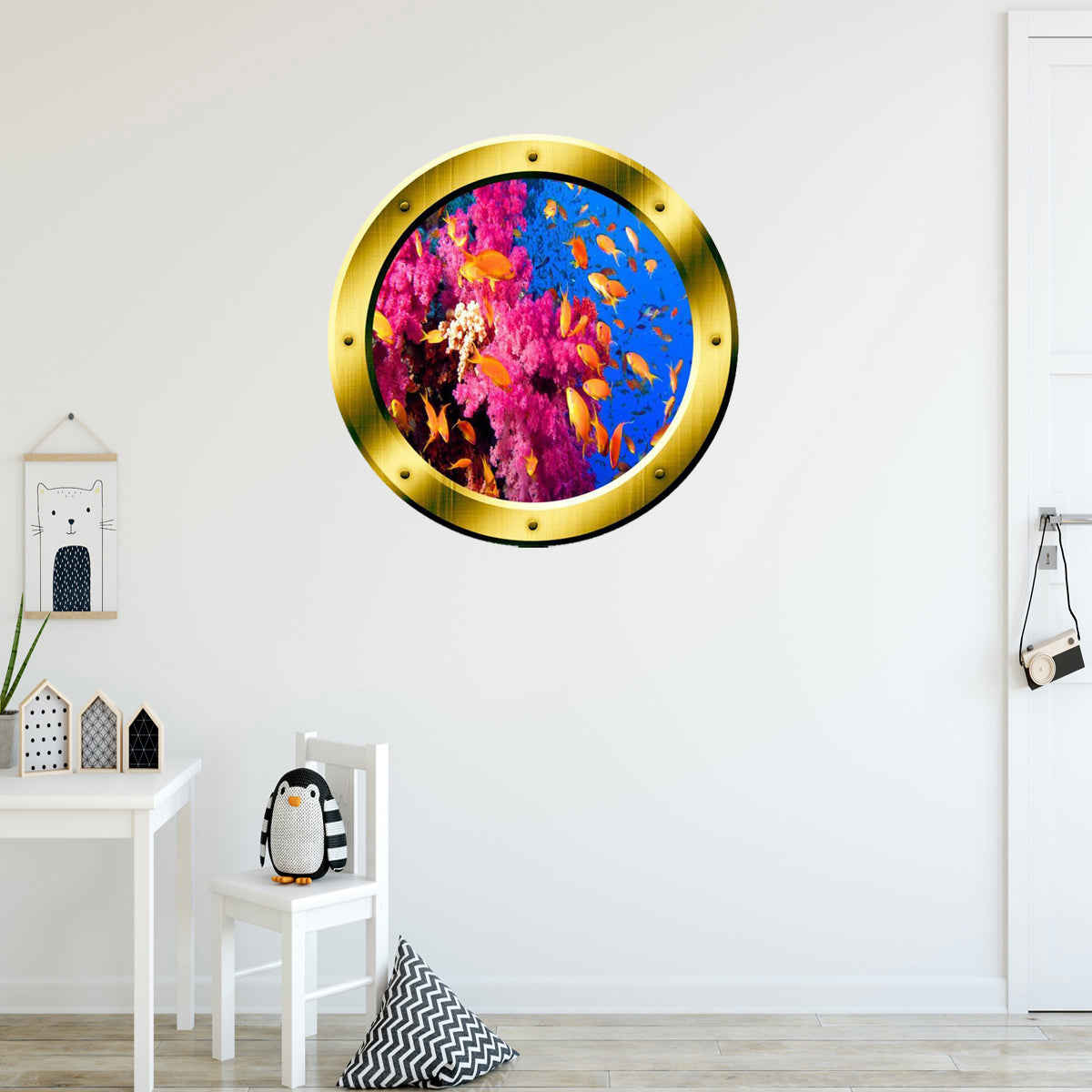 Underwater Gold Porthole Scene Vinyl Wall Decal - School of Fish Design