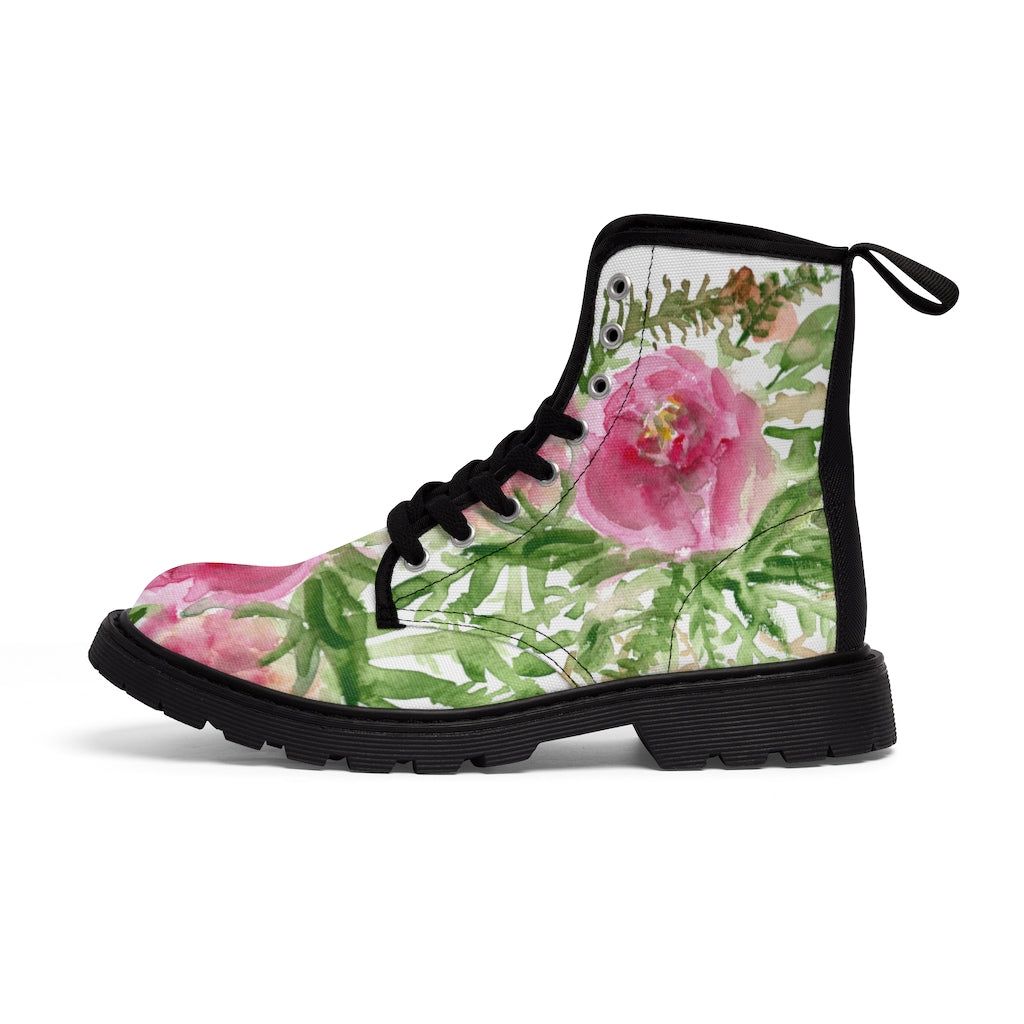 Pink Floral Rose Women's Boots - Feminine Flower Print Combat Boots