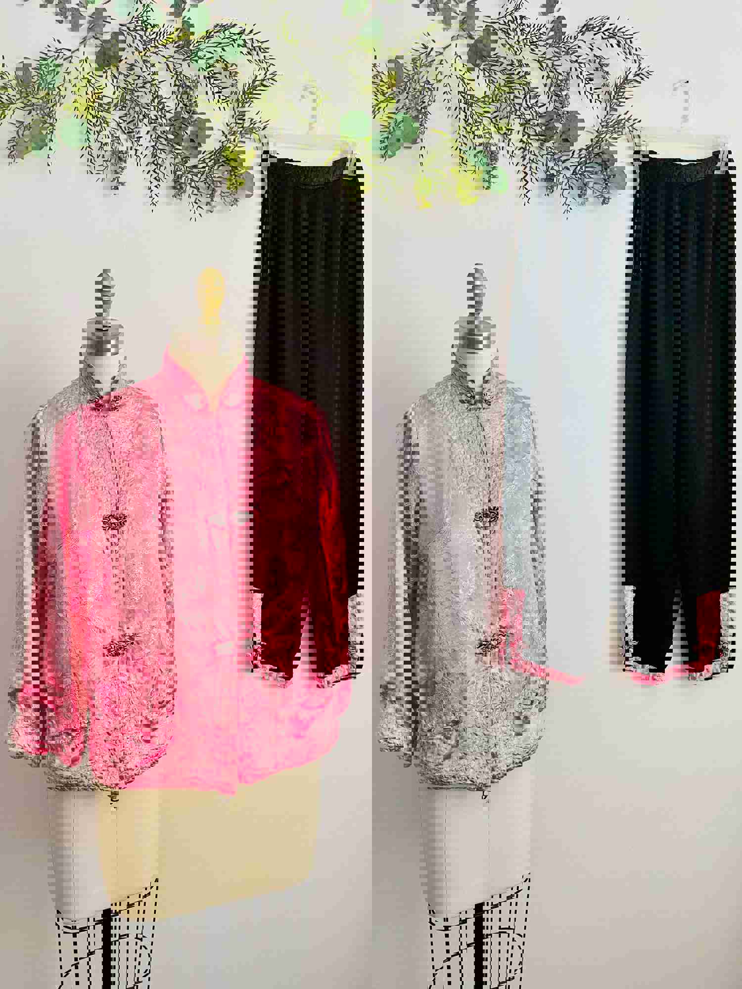 Vintage 1940s Pink Silk Pajamas Set - Chinese Jacket and Pants