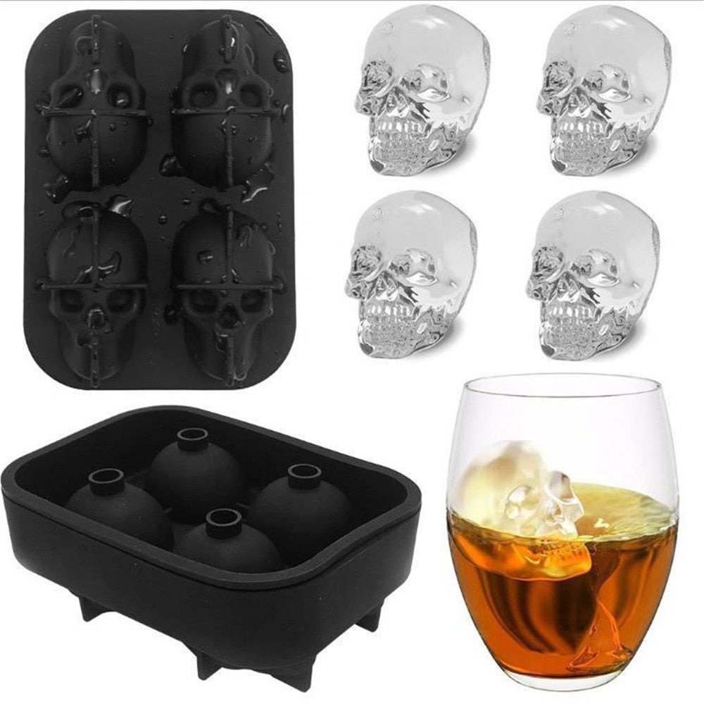 3D Skull Ice Cube Tray Silicone Mold - 4-Cavity BPA Free DIY Ice Maker for Kitchen & Bar
