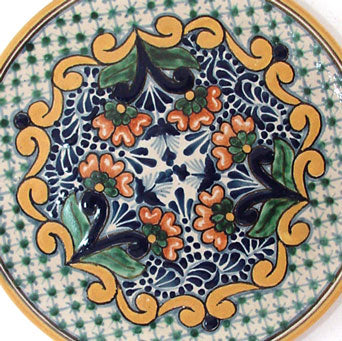 Authentic Talavera Plate with Flowers and Plumes Design