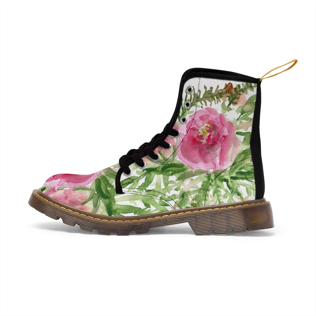Pink Floral Rose Women's Boots - Feminine Flower Print Combat Boots