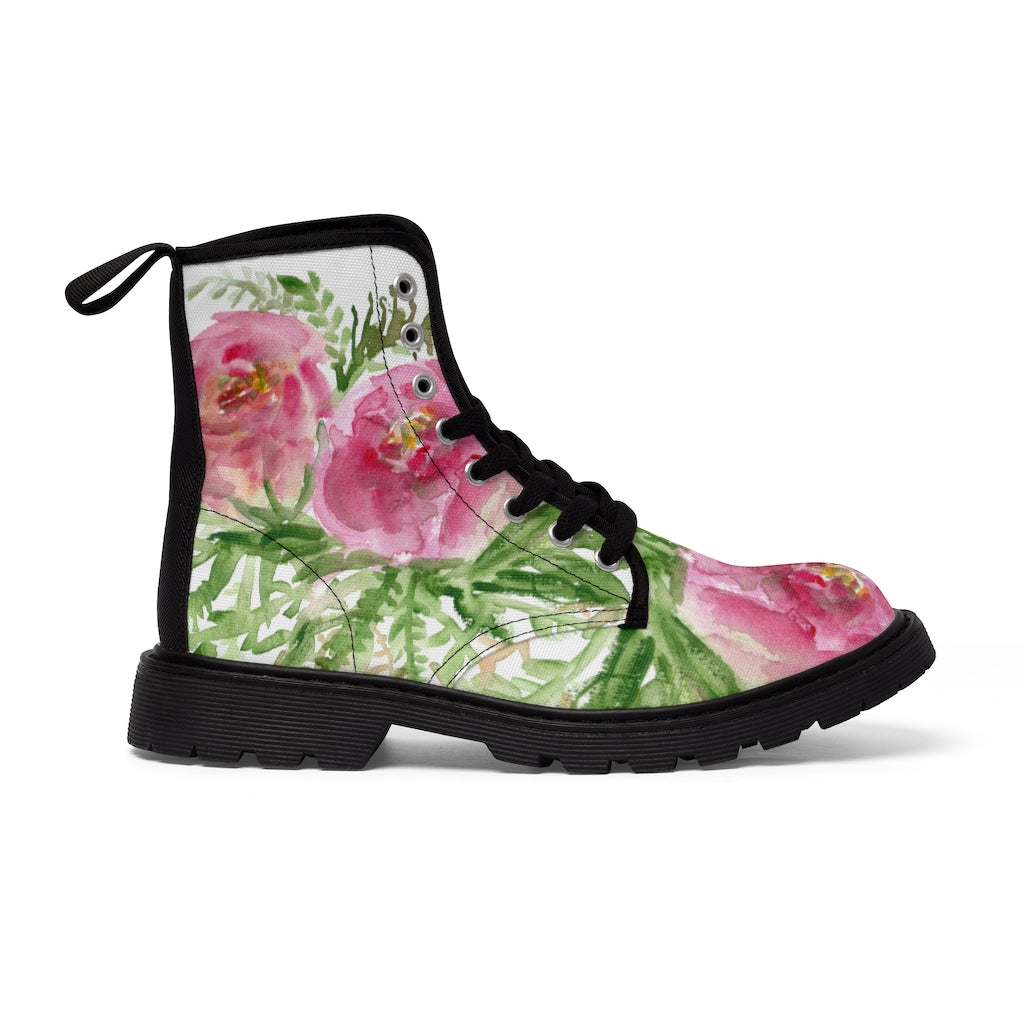 Pink Floral Rose Women's Boots - Feminine Flower Print Combat Boots