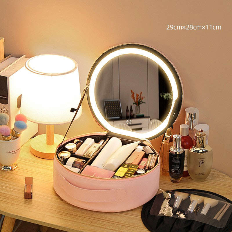 Round Smart LED Makeup Bag With Mirror - 360° Illumination, Large Capacity, PU Leather Travel Organizer
