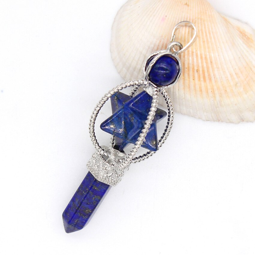 Natural Gnergy Gemstone Silver Plated Lapis Lazuli Merkaba Pendant Hexagon Column Sceptre Healing Stone Jewelry
