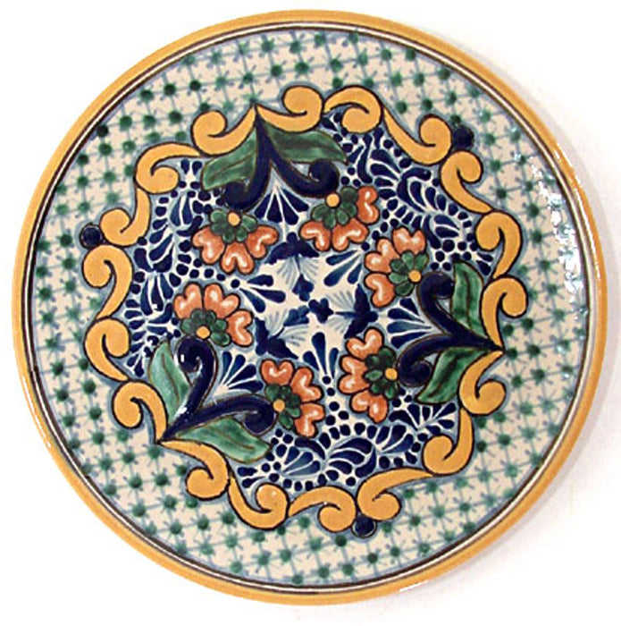 Authentic Talavera Plate with Flowers and Plumes Design