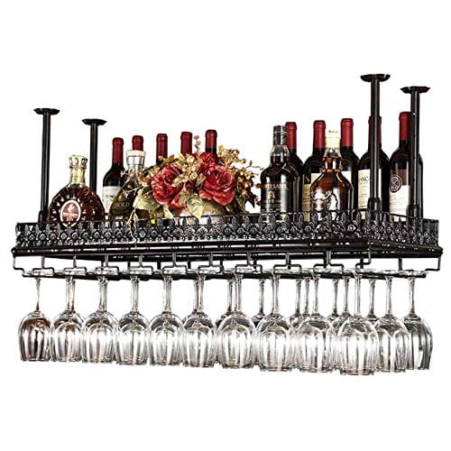 FURVOKIA Industrial Vintage Metal Bar Wine Glass Hanging Rack - Black, Adjustable Height (47.2L)