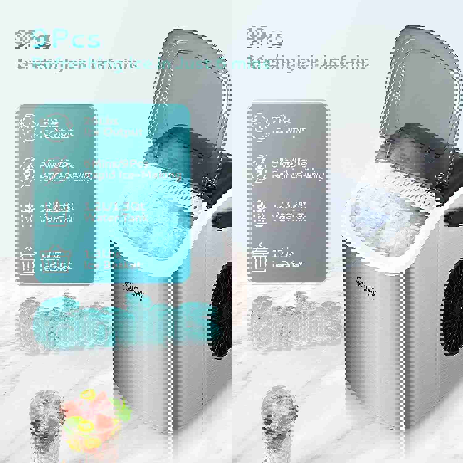 Countertop Ice Maker Machine with Handle, 26Lbs in 24Hrs, 9 Ice Cubes Ready in 6 Mins, Auto-Cleaning Portable Ice Maker with Basket and Scoop, for Home/Kitchen/Camping/RV (Silver)