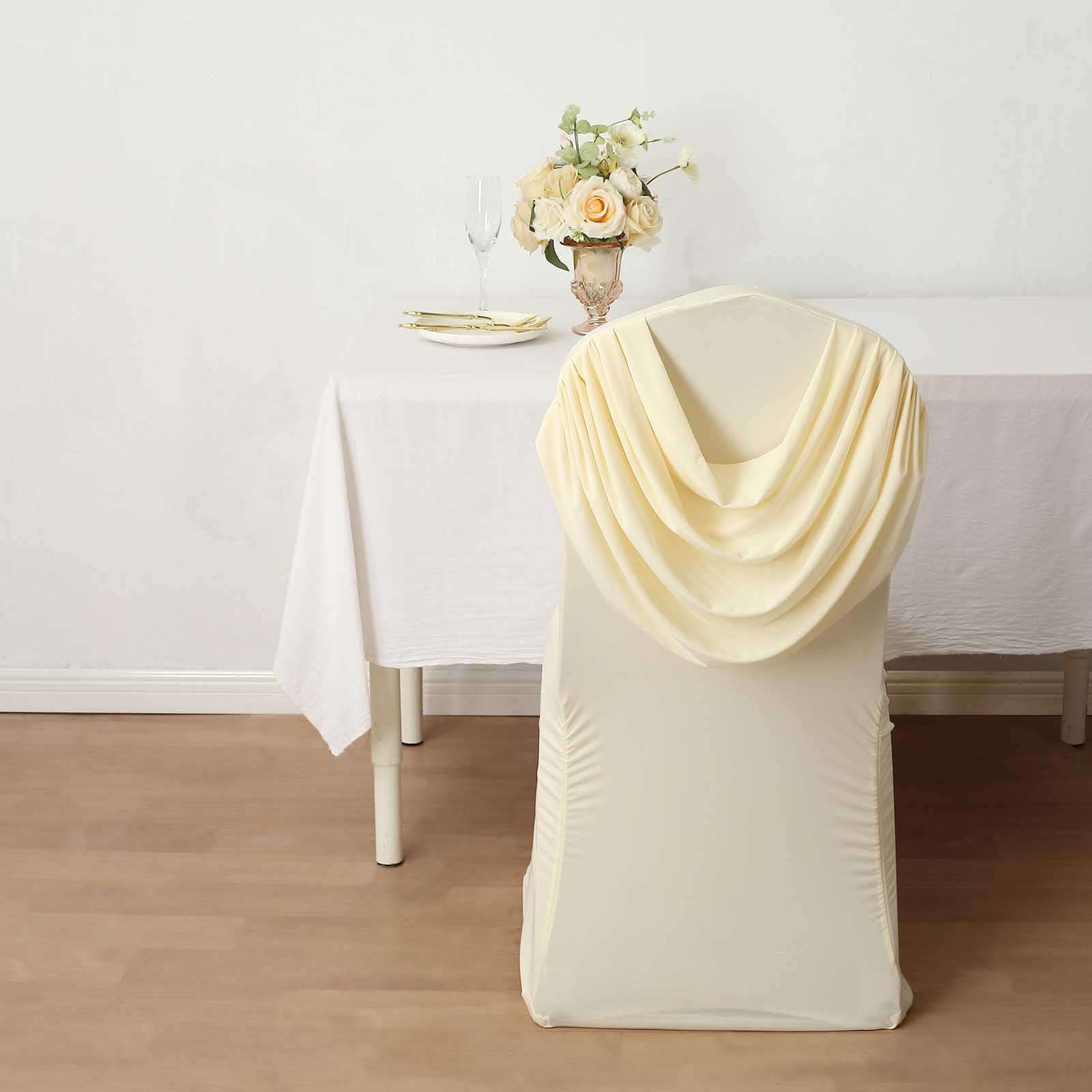 Ivory Ruched Swag Back Spandex Fitted Banquet Chair Cover With Foot Pockets