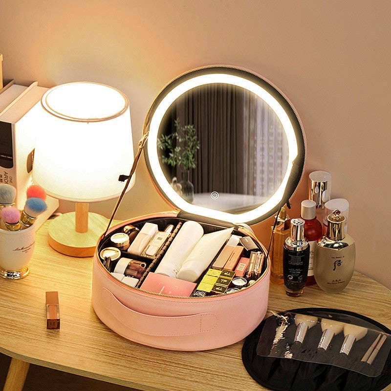 Round Smart LED Makeup Bag With Mirror - 360° Illumination, Large Capacity, PU Leather Travel Organizer