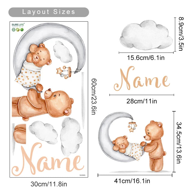 Personalized Bear Balloons Baby's Name Wall Decals - Nursery Room Removable PVC Stickers