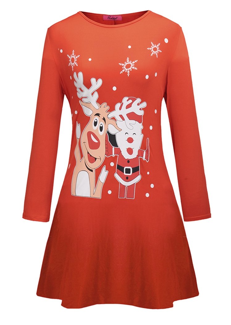 Fashion Christmas Patterns Printing Round Neck Long Sleeve Flared Midi Dress For Women
