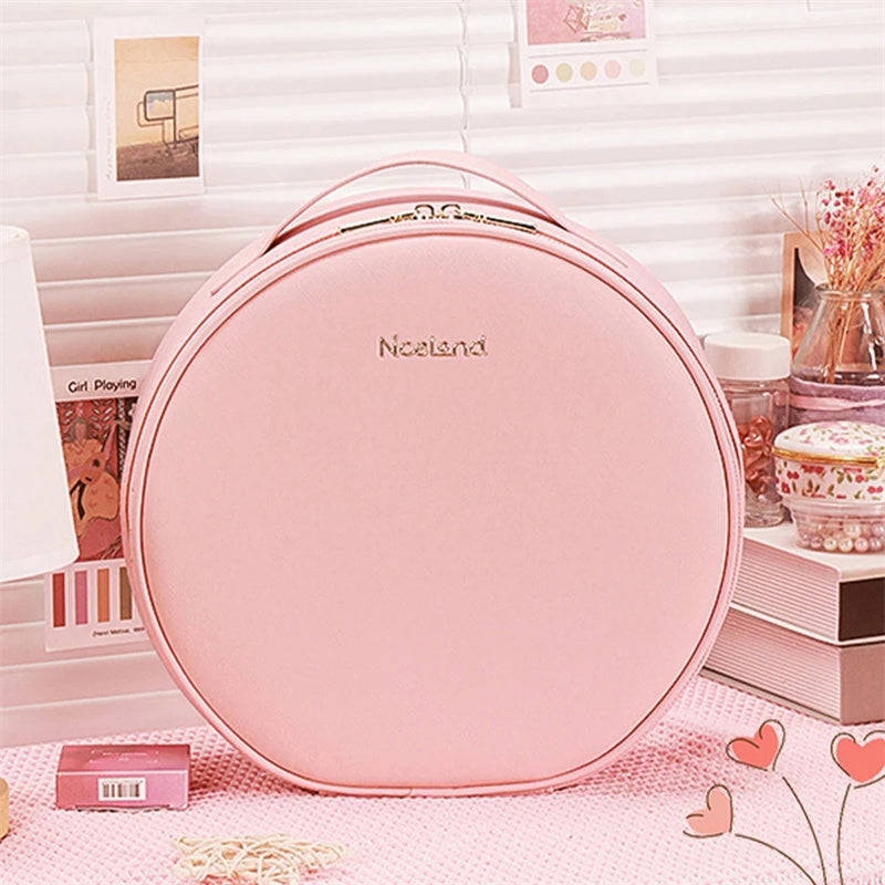 Round Smart LED Makeup Bag With Mirror - 360° Illumination, Large Capacity, PU Leather Travel Organizer