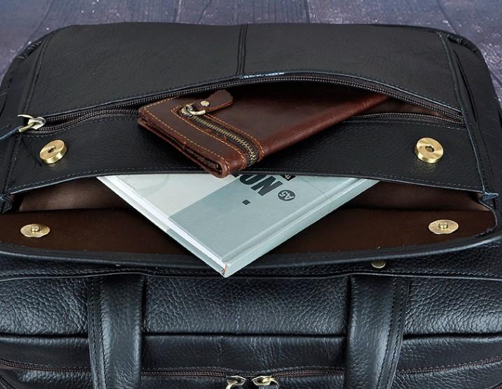 Black Leather Men's Large Briefcase - Travel & Business Work Bag