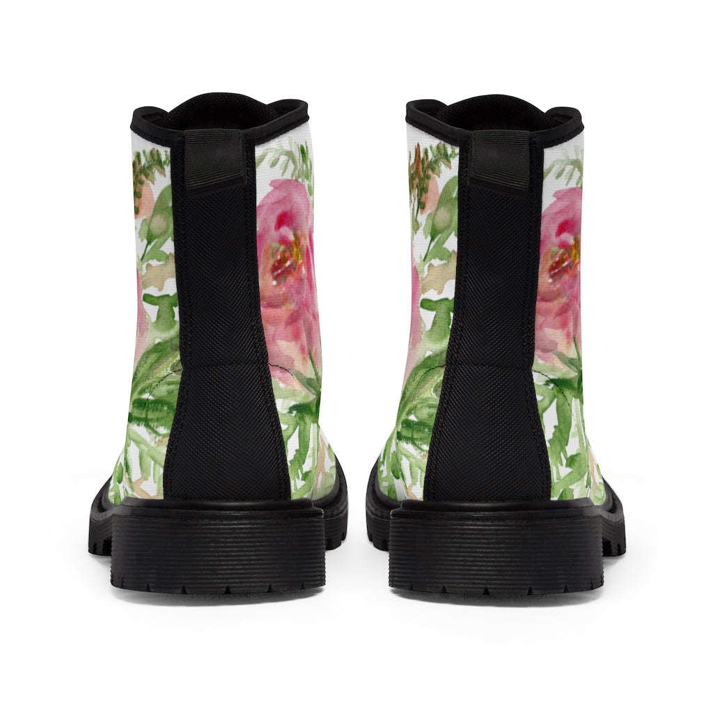 Pink Floral Rose Women's Boots - Feminine Flower Print Combat Boots