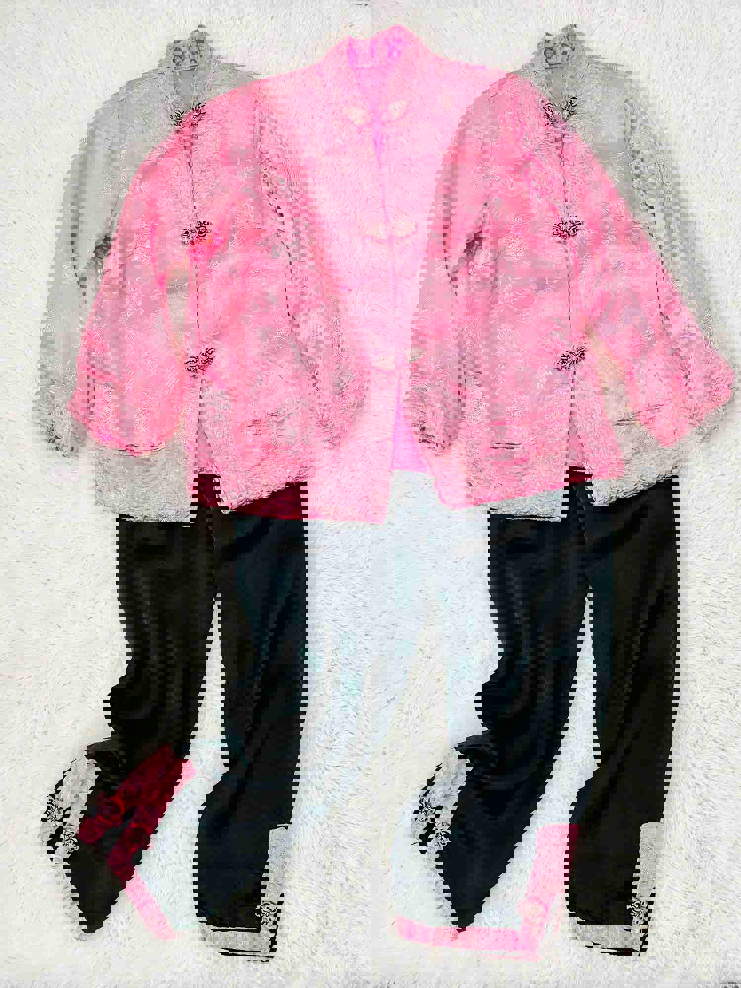 Vintage 1940s Pink Silk Pajamas Set - Chinese Jacket and Pants