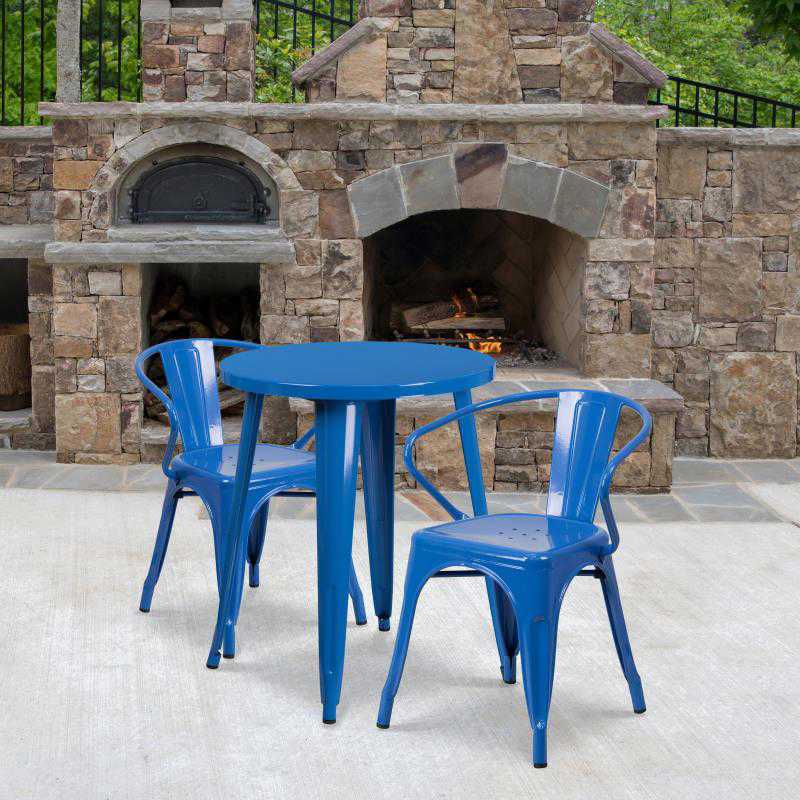 Flash Furniture Napoleon Commercial Grade 24 Round Blue Metal Indoor-Outdoor Table Set with 2 Arm Chairs