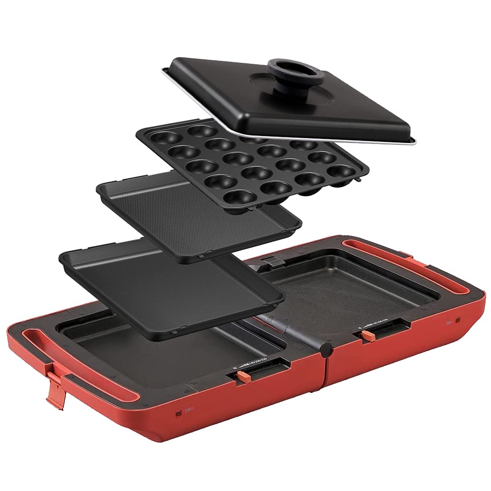 Iris Ohyama DPOL-301-R Double-Sided Hot Plate with Lid, Compact & Foldable for Takoyaki, Grilled Meat, and More