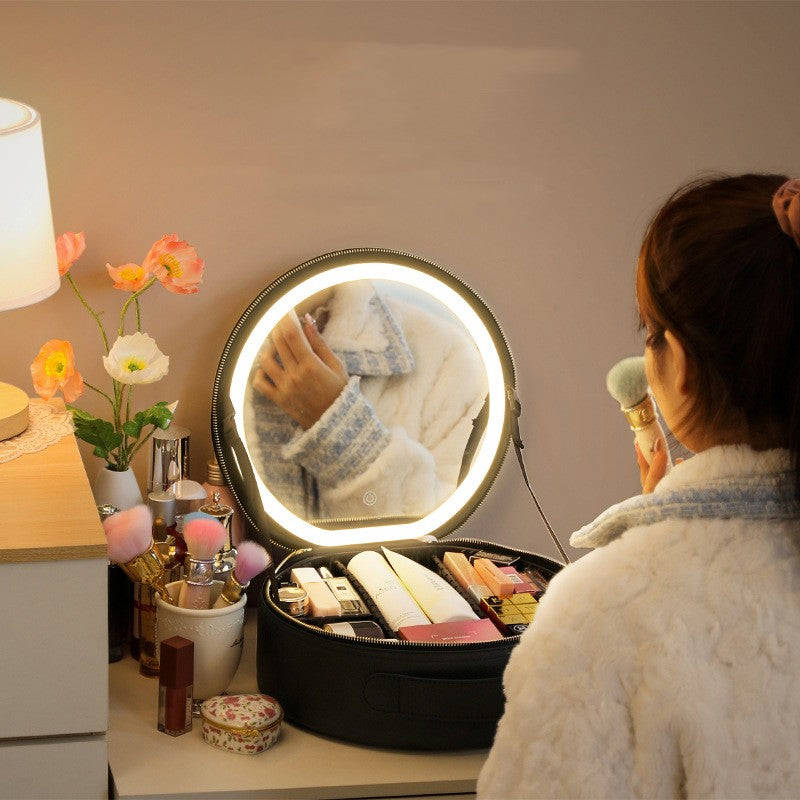 Round Smart LED Makeup Bag With Mirror - 360° Illumination, Large Capacity, PU Leather Travel Organizer