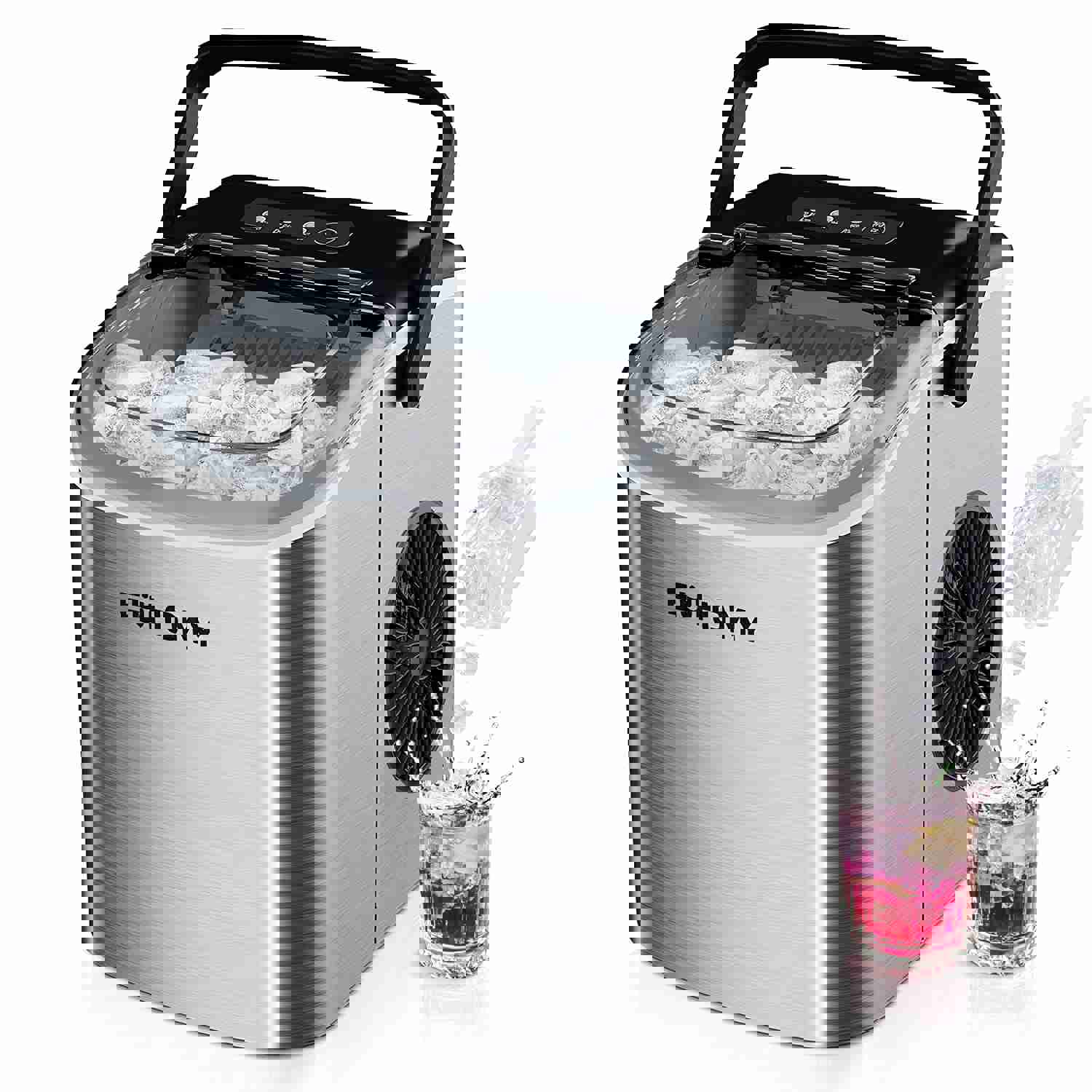 Countertop Ice Maker Machine with Handle, 26Lbs in 24Hrs, 9 Ice Cubes Ready in 6 Mins, Auto-Cleaning Portable Ice Maker with Basket and Scoop, for Home/Kitchen/Camping/RV (Silver)