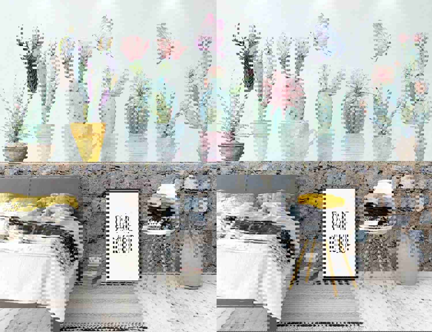 Cactus Peel and Stick Wallpaper - Tropical Floral Wall Mural for Living Room, Nursery, Bedroom, Kitchen