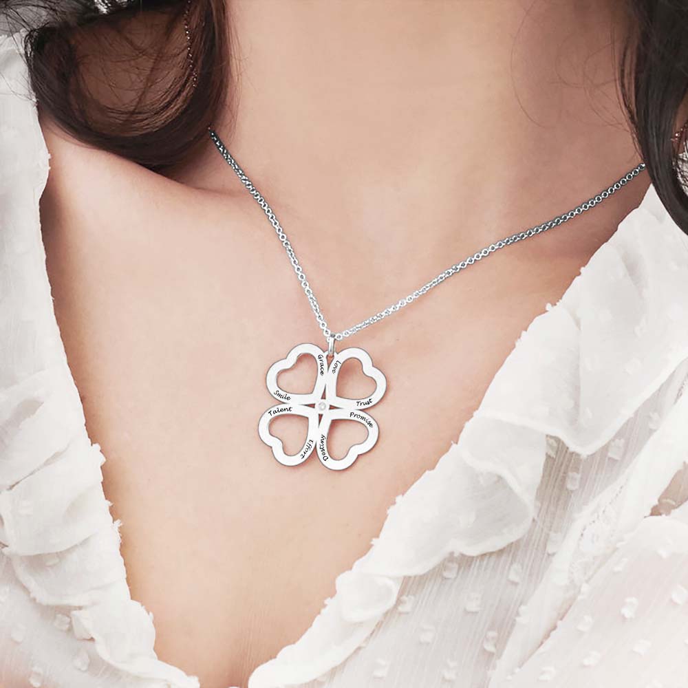 Custom Text Clover Necklace - Personalized Silver Name Necklace for Mother's Day Gift