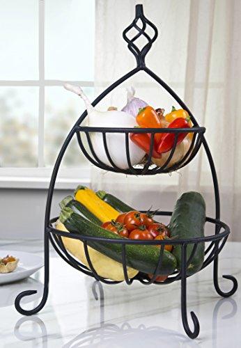 Decorative 2 Tier Black Metal Fruit and Bread Basket for Kitchen Countertop