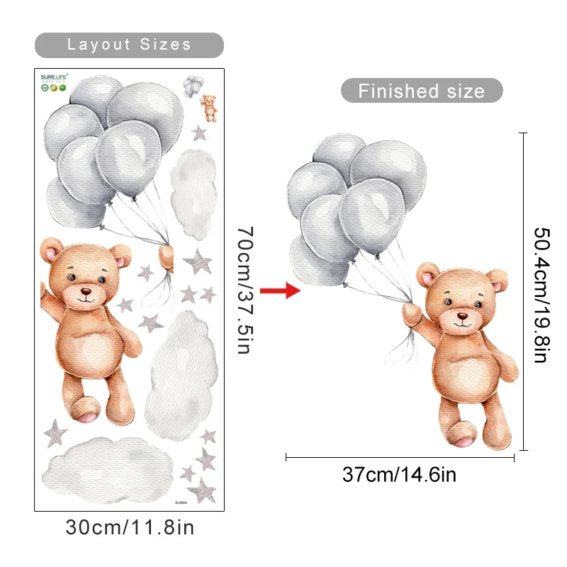 Personalized Bear Balloons Baby's Name Wall Decals - Nursery Room Removable PVC Stickers