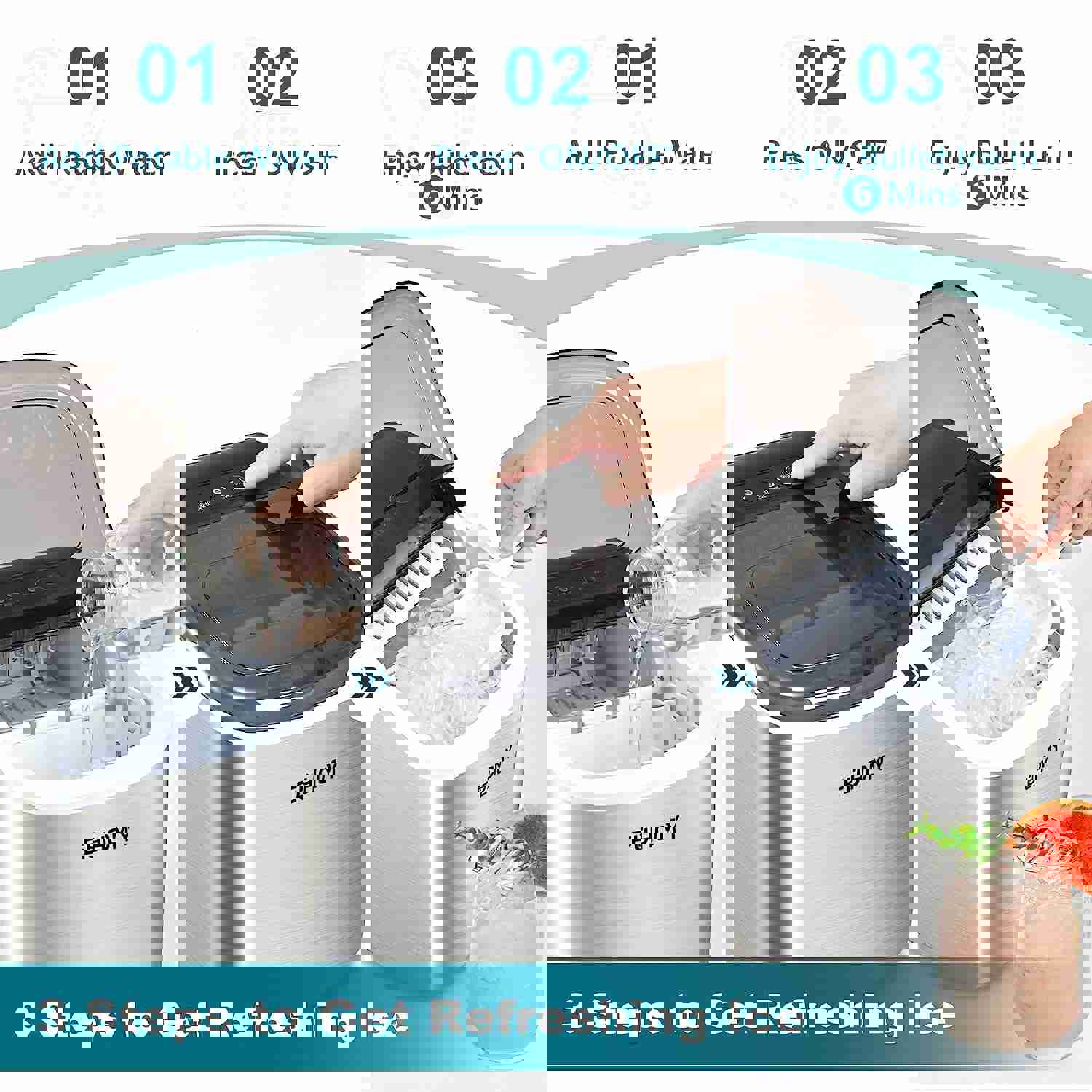 Countertop Ice Maker Machine with Handle, 26Lbs in 24Hrs, 9 Ice Cubes Ready in 6 Mins, Auto-Cleaning Portable Ice Maker with Basket and Scoop, for Home/Kitchen/Camping/RV (Silver)