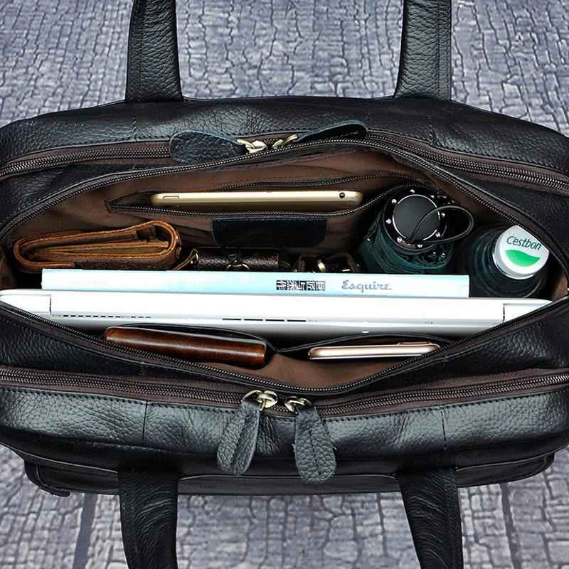 Black Leather Men's Large Briefcase - Travel & Business Work Bag