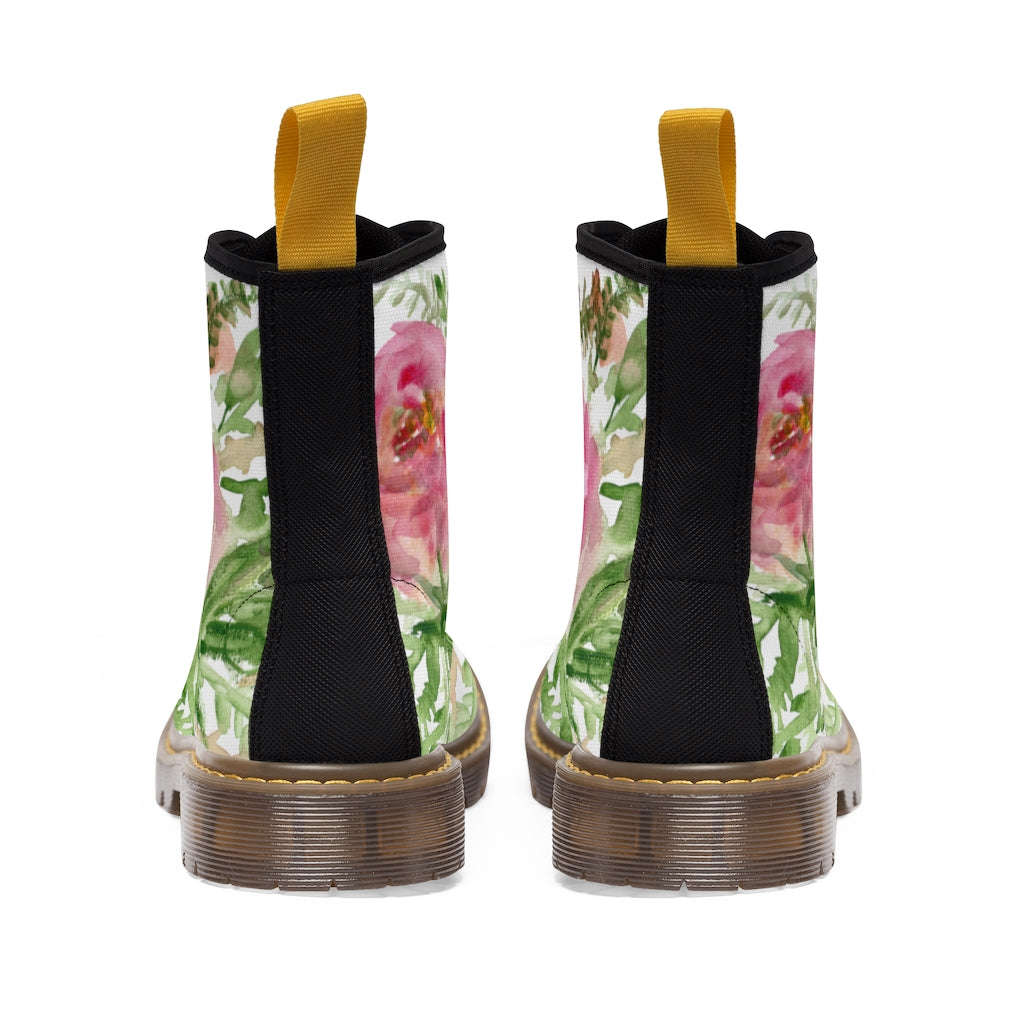 Pink Floral Rose Women's Boots - Feminine Flower Print Combat Boots
