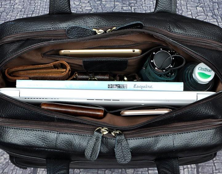 Black Leather Men's Large Briefcase - Travel & Business Work Bag