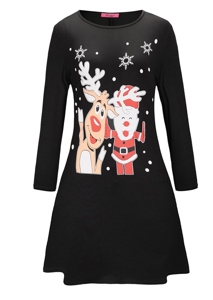 Fashion Christmas Patterns Printing Round Neck Long Sleeve Flared Midi Dress For Women