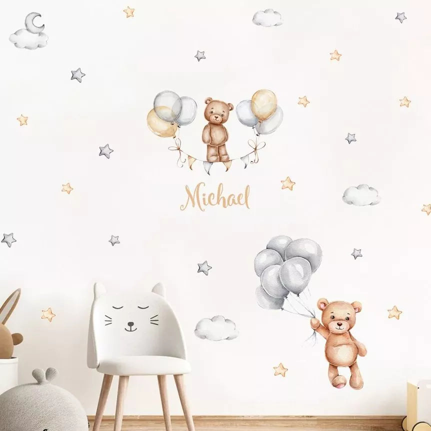 Personalized Bear Balloons Baby's Name Wall Decals - Nursery Room Removable PVC Stickers