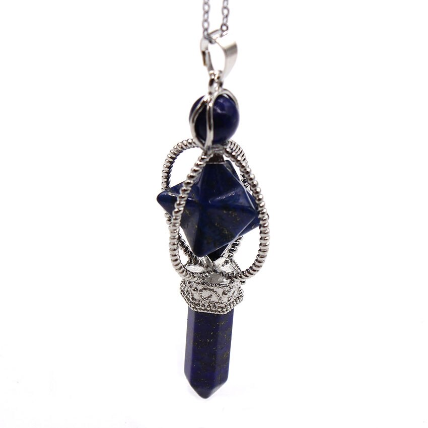Natural Gnergy Gemstone Silver Plated Lapis Lazuli Merkaba Pendant Hexagon Column Sceptre Healing Stone Jewelry