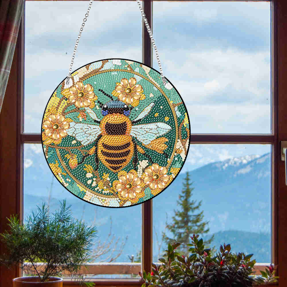 Acrylic Single-Sided Diamond Painting Hanging Pendant - Flower Bees Design