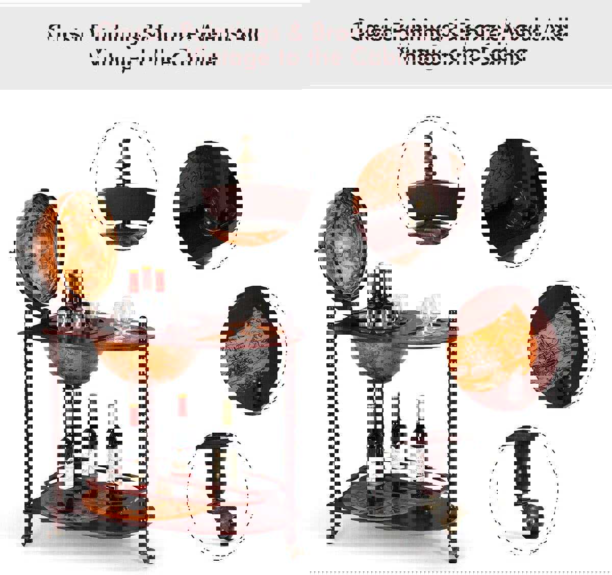 34 Wood Globe Wine Bar Stand - 16th Century Italian-Style Rack with Large Shelf for Liquor Bottles