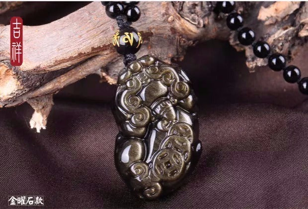 Natural Rainbow Eye Obsidian Pixiu Pendant Necklace for Men and Women - Gold Obsidian Crystal Gift (3-1)