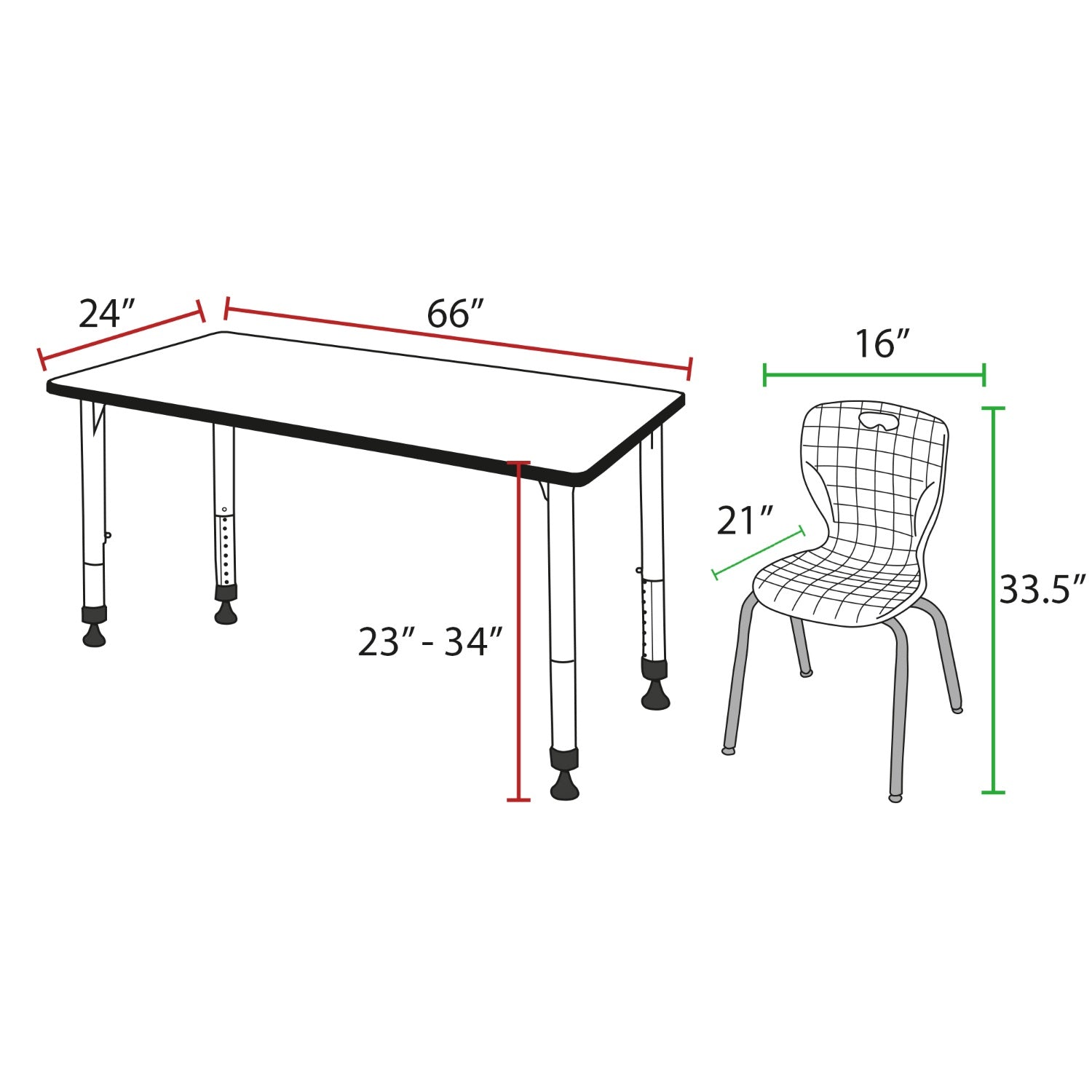 Kee Classroom Table and Chair Package - Adjustable Height Table with 2 Stackable Chairs