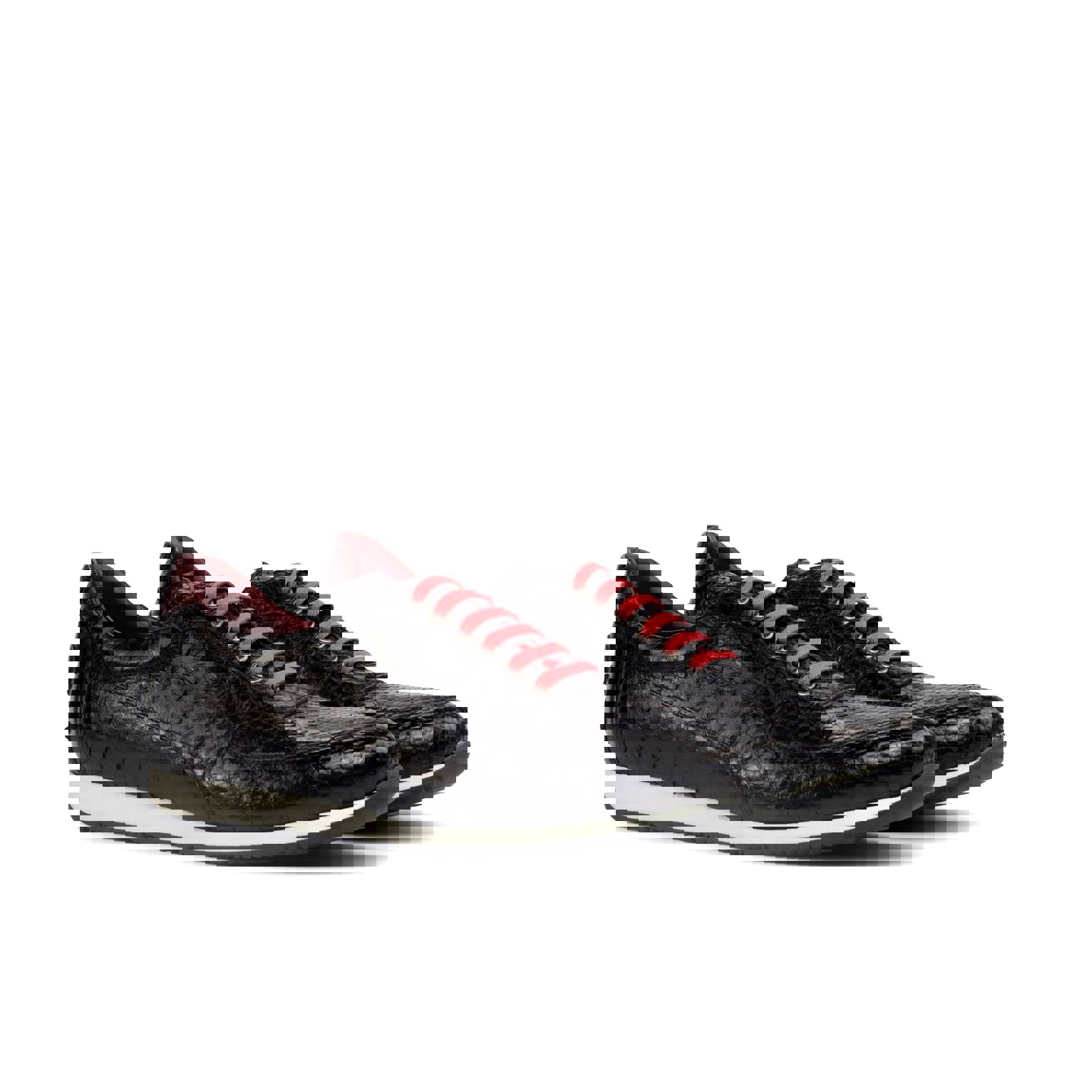 DapperFam Cesare in Black / Red Mens Italian Leather & Exotic Python Trainer