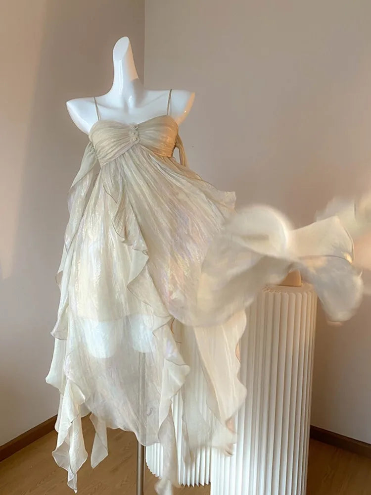 Nukty France Fashion Irregular Beach Strap Dress - Elegant Chiffon Summer Party Dress