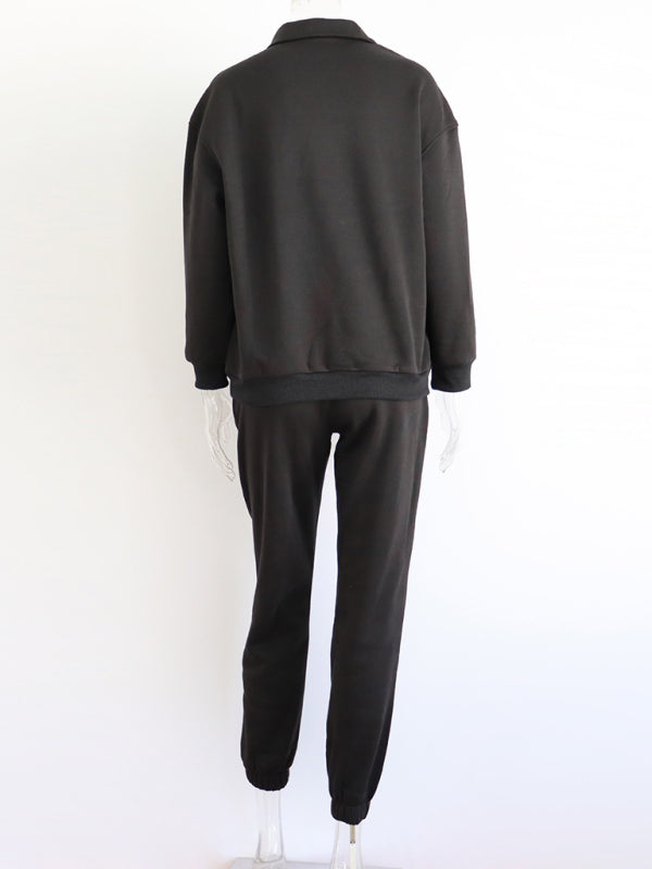 Long Sleeve Stand-Up Collar Hoodie with Half Zipper and Matching Sweat Pants Set