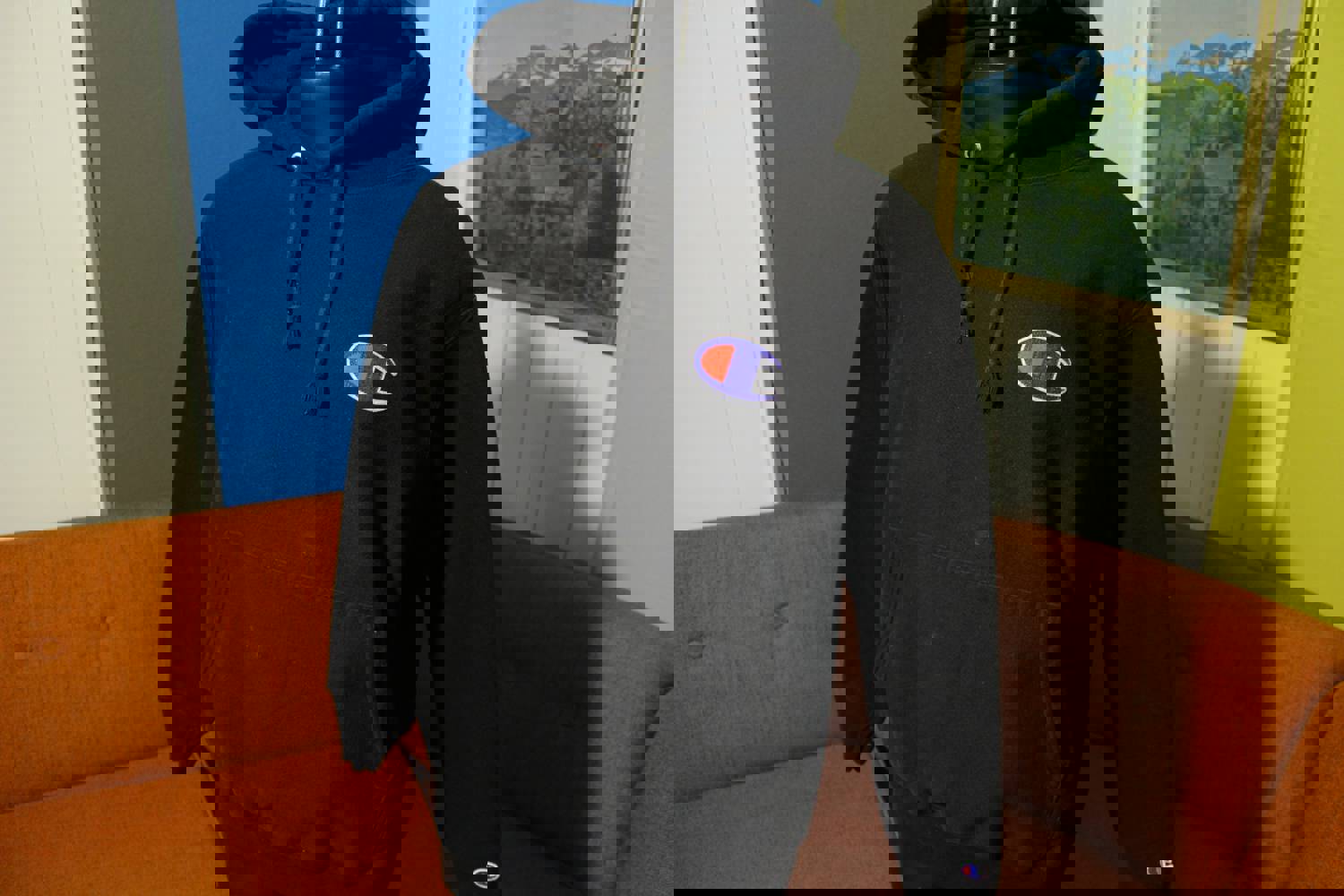 Champion Authentic Reverse Weave Big C Logo Patch Black Men's Large Hoodie