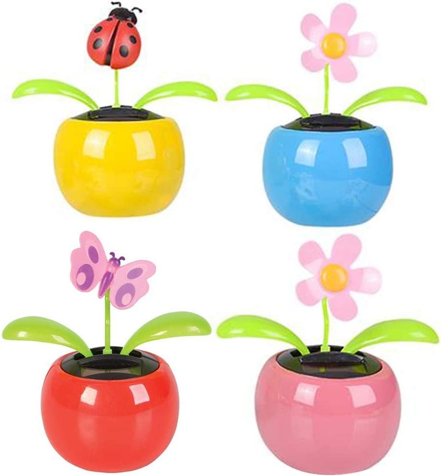 Solar Powered Dancing Flower Toys for Kids, Set of 4 with Adhesive Stickers, Colorful Window and Car Dashboard Decorations